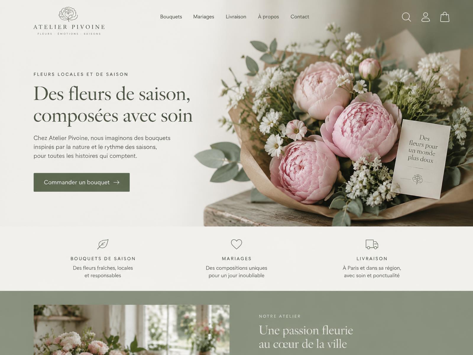 Page d'accueil du fleuriste Atelier Pivoine