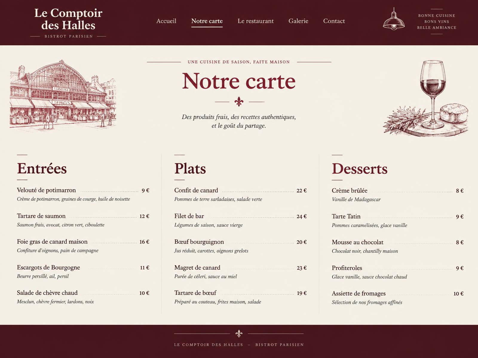 Carte du restaurant : entrées, plats et desserts